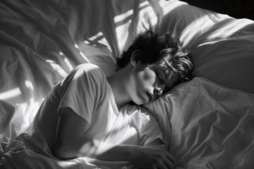 Fototapeta premium A black and white photograph of a man sleeping on the bed.