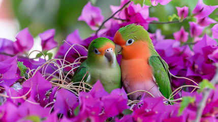 A pair of Fischer's lovebirds nestled in a vibrant bougainvillea bush, their bright green feathers contrasting with the purple flowers.