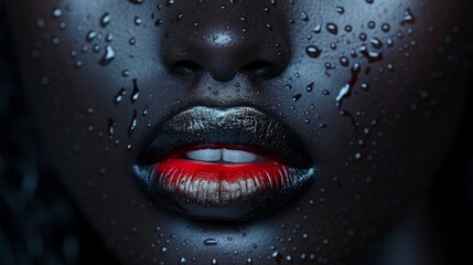 Close-up of woman's lips with black and red lipstick and water droplets