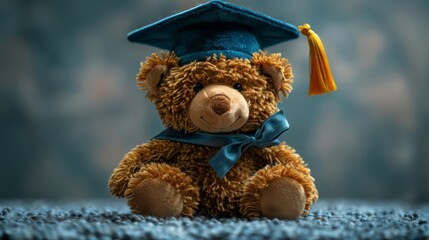 Adorable teddy bear with graduation cap on textured background