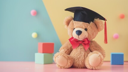 Teddy bear in graduation cap with colorful background and blocks