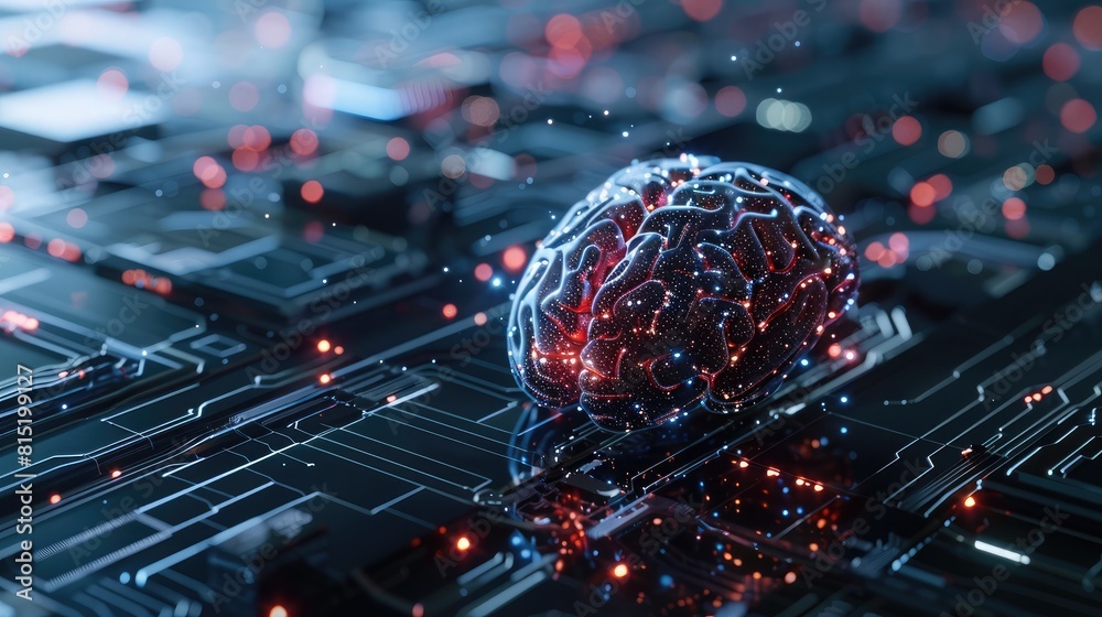 Poster artificial intelligence concept with digital brain on tech background, suitable for ai development f