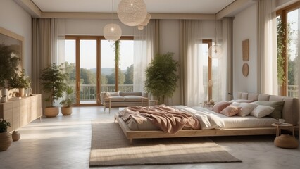 Richly stylized bedroom in beige colors