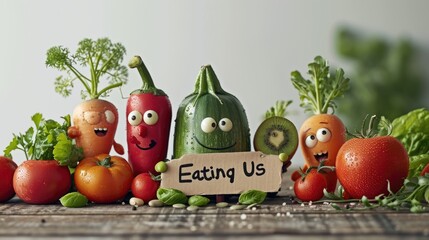 Joyful produce: cartoon characters, happy cute vegetables, and fruits holding a sign 'Eating Us.' A...