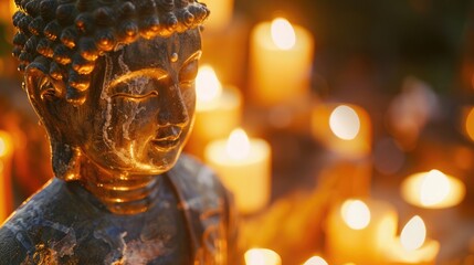 Fototapeta premium Buddha statue bathed in soft candlelight, signifying enlightenment on sacred Buddhist occasions.