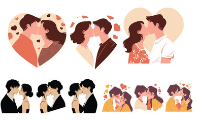 Vector illustrations of couples kissing in various styles, perfect for romantic designs, Valentine's Day themes, and love-related projects.