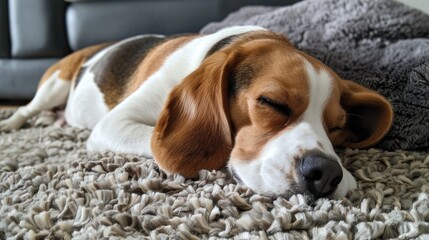 Photo of a beagle dog sleeping on its gray rug