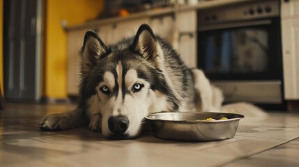 Photo Alaskan malamute sad lying on the kitchen floor next to a bowl