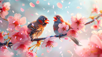 A pair of lovebirds singing a sweet duet perched on a blooming cherry blossom branch, petals gently falling around them.