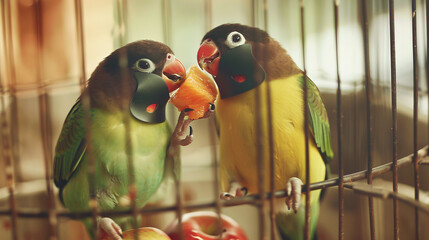 A pair of masked lovebirds sharing a juicy piece of fruit in their cage, their black masks creating a charming contrast.
