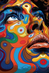 A painting of a woman's face with colorful swirls on it, AI