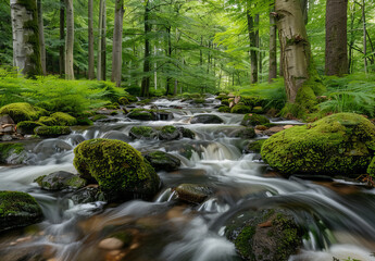 Obraz premium Tranquil forest stream flowing over mossy rocks