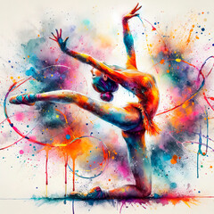 Fitness, exercise and rhythmic gymnastics in watercolor