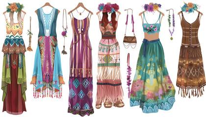 Clipart of festival fashion featuring bohemian dresses fringe vests and flower crowns arranged f Generative AI
