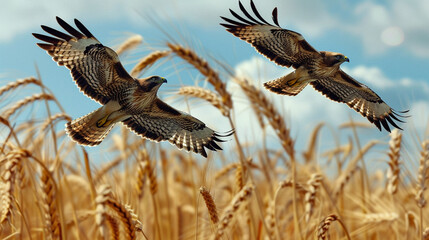 Two hawks soaring high above a field of golden wheat, their sharp eyes scanning the ground for prey.