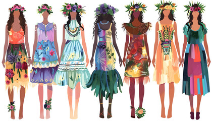 Clipart of festival fashion featuring bohemian dresses fringe vests and flower crowns arranged f Generative AI - Powered by Adobe