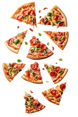 Flying slices of tasty pizzas isolated on white background