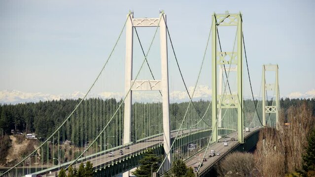 Cars Travel Across Tacoma Narrows Bridge a Washington Landmark