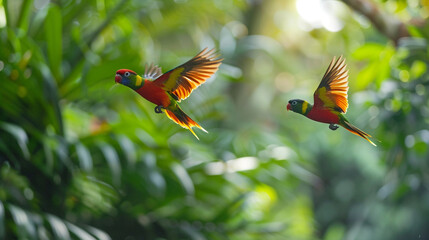 Two lovebirds flying side-by-side through a lush rainforest canopy, their vibrant colors a burst of life amidst the green foliage.