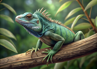 Obraz premium A lizard perches on a tree branch, blending with the green foliage