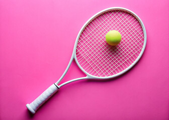 Sports equipment Tennis racket and ball on magenta background
