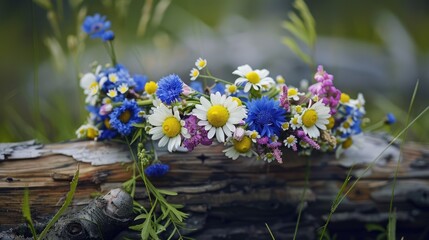 Experience a stunning flower wreath adorned with daisies and cornflowers resting gracefully on a log celebrating the Solstice festival known as Ligo in Latvia
