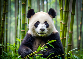 A panda bear is sitting in a bamboo forest