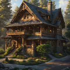 Fototapeta premium House nestled among trees in forest with sky and clouds as backdrop