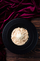 risotto with porcini mushrooms on plate top view