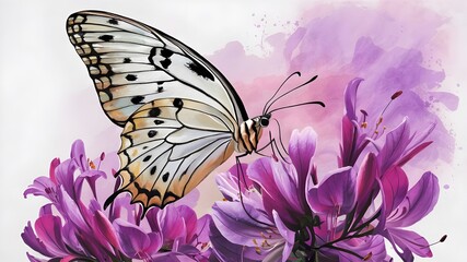 A captivating, vibrant painting of a graceful butterfly with intricate patterns on its predominantly white wings with black spots

and veins. The butterfly is perched atop a breathtaking cluster of pu