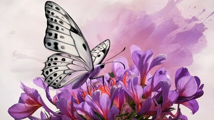 A captivating, vibrant painting of a graceful butterfly with intricate patterns on its predominantly white wings with black spots

and veins. The butterfly is perched atop a breathtaking cluster of pu