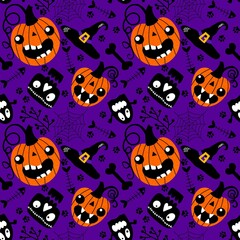 Naklejka premium Cartoon Halloween pumpkins seamless ghost and skulls and bones and web and witch hat pattern