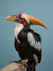 A Hornbill bird is sitting on a blue background. AI generated image
