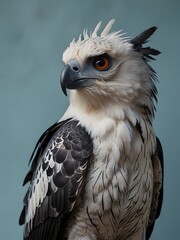 A Harpy Eagle bird is sitting on a blue background. AI generated image