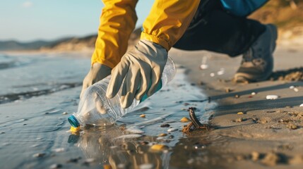 A volunteer in protective gloves is tackling environmental pollution by picking up a plastic bottle on the beach captured in a close up shot focusing on the hand The image taken from a low 
