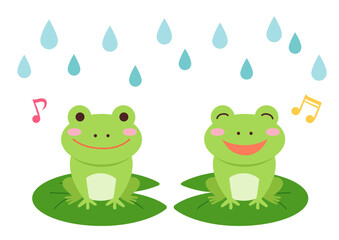 雨と葉っぱに乗る蛙のイラスト
