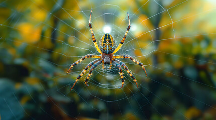 Closeup of a yellow and black Joro spider on its web, with the blurry background of the green trees