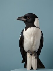 A Magpie bird is sitting on a blue background. AI generated image