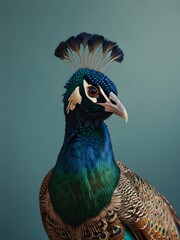 A Peacock bird is sitting on a blue background. AI generated image