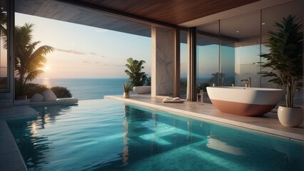 Fototapeta premium Spacious and modern bathroom with sea view
