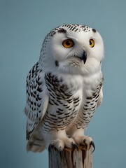A Snowy Owl bird is sitting on a blue background. AI generated image