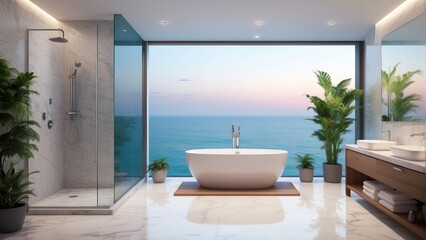 Spacious and modern bathroom with sea view