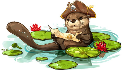 Clipart of a playful otter wearing a pirate hat and holding a treasure map while floating on a lily...