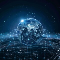 Naklejka premium Digital world globe, concept of global network and connectivity on Earth, high speed data transfer and cyber technology, information exchange and international telecommunication. Business map