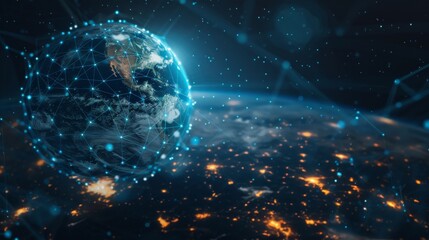 Obraz premium Digital world globe, concept of global network and connectivity on Earth, high speed data transfer and cyber technology, information exchange and international telecommunication. Business map