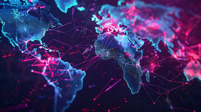 Digital world map with glowing connections, global network concept