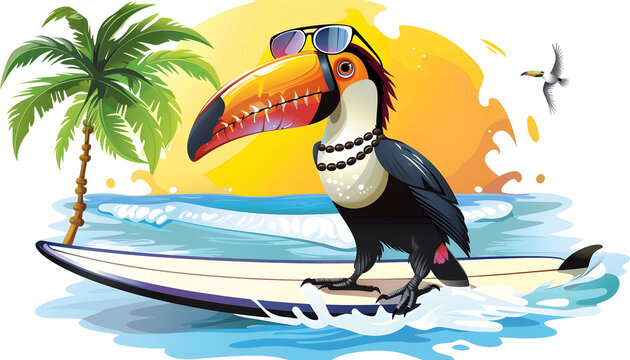 toucan surfing, sunglasses, beach, summer clip art preview