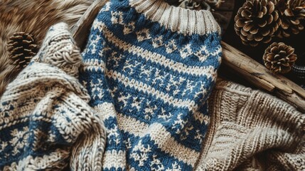 Cozy Winter Knitwear with Pine Cones and Wooden Elements - Powered by Adobe