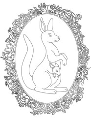 Kangaroo in A Floral Frame Coloring Page. Printable Coloring Worksheet for Kids. Educational Resources for School and Preschool.