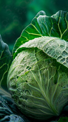 Obraz premium Fresh Cabbage Head on Green Background